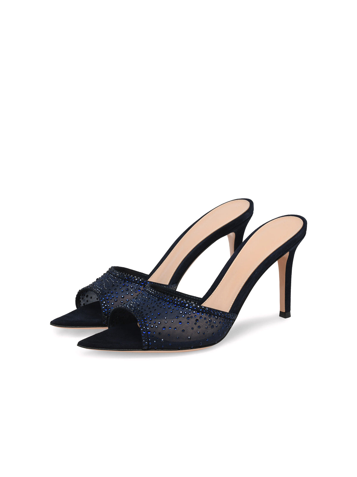 Rhinestones Mesh Open Pointed-Toe Backless Slip-On High Heels – Blue