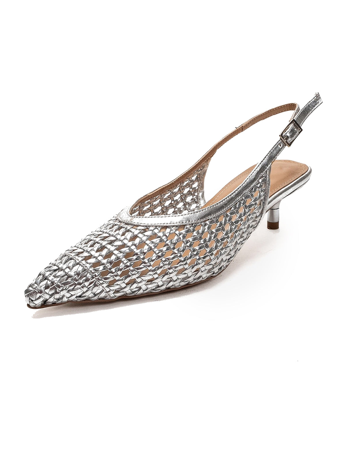 Metallic Silver Woven Vegan Leather Pointed-Toe Classic Back Strap Pumps Kitten Heels