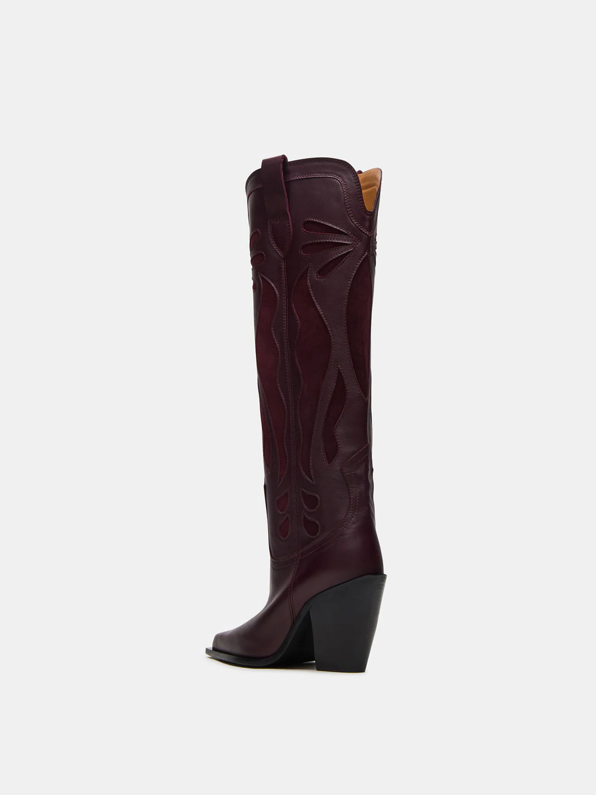 Wine Red Pointed-Toe Inlays Knee High Tall Wide Calf Cowgirl Boots