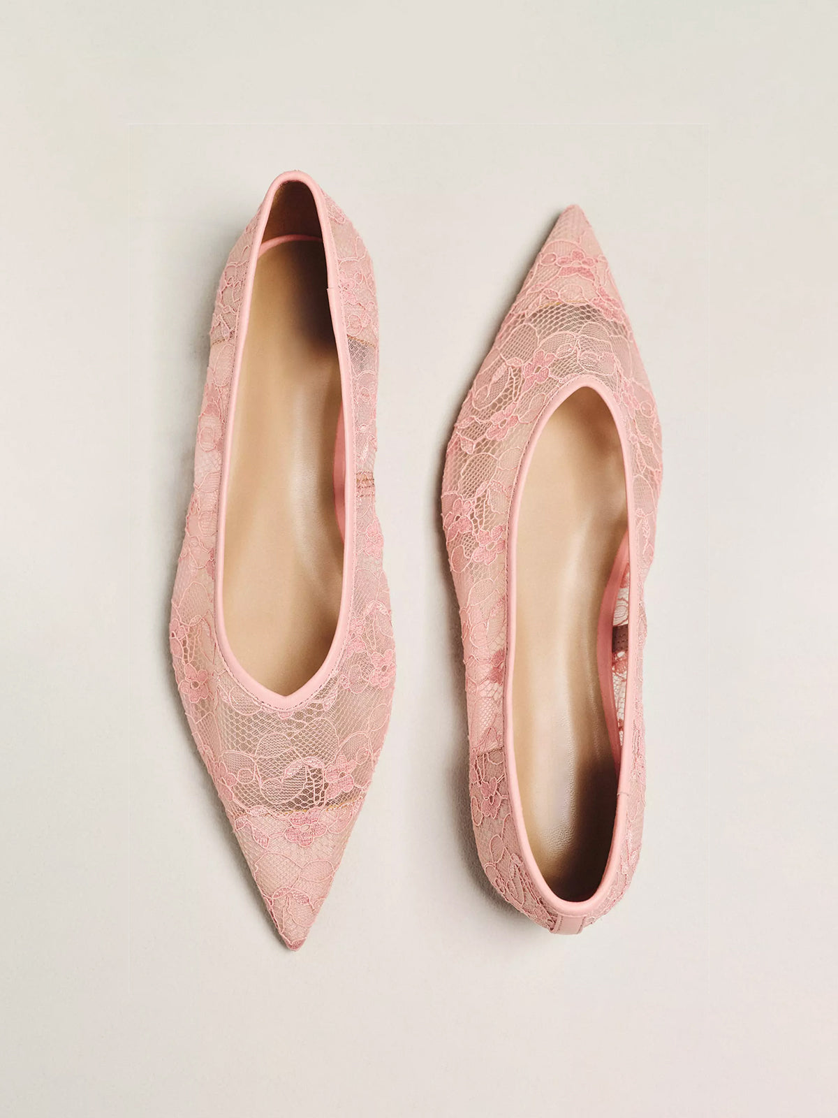 Pink Lace Mesh Pointed-Toe Slip-On Classic Flats