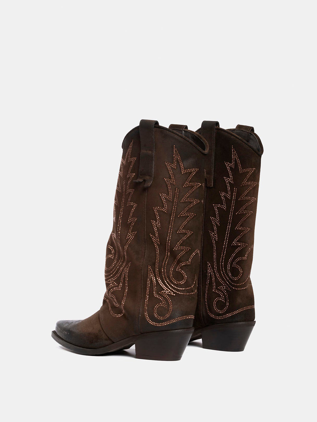 Brown Snip-Toe Faux Suede Embroidery Classic Mid Calf Cowgirl Boots