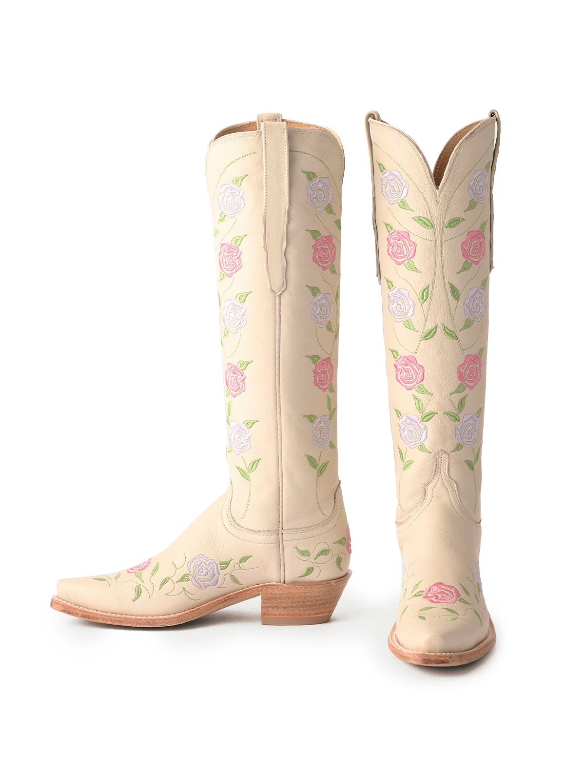 Cream Snip-Toe Rose Embroidery Wide Calf Knee High Cowgirl Boots