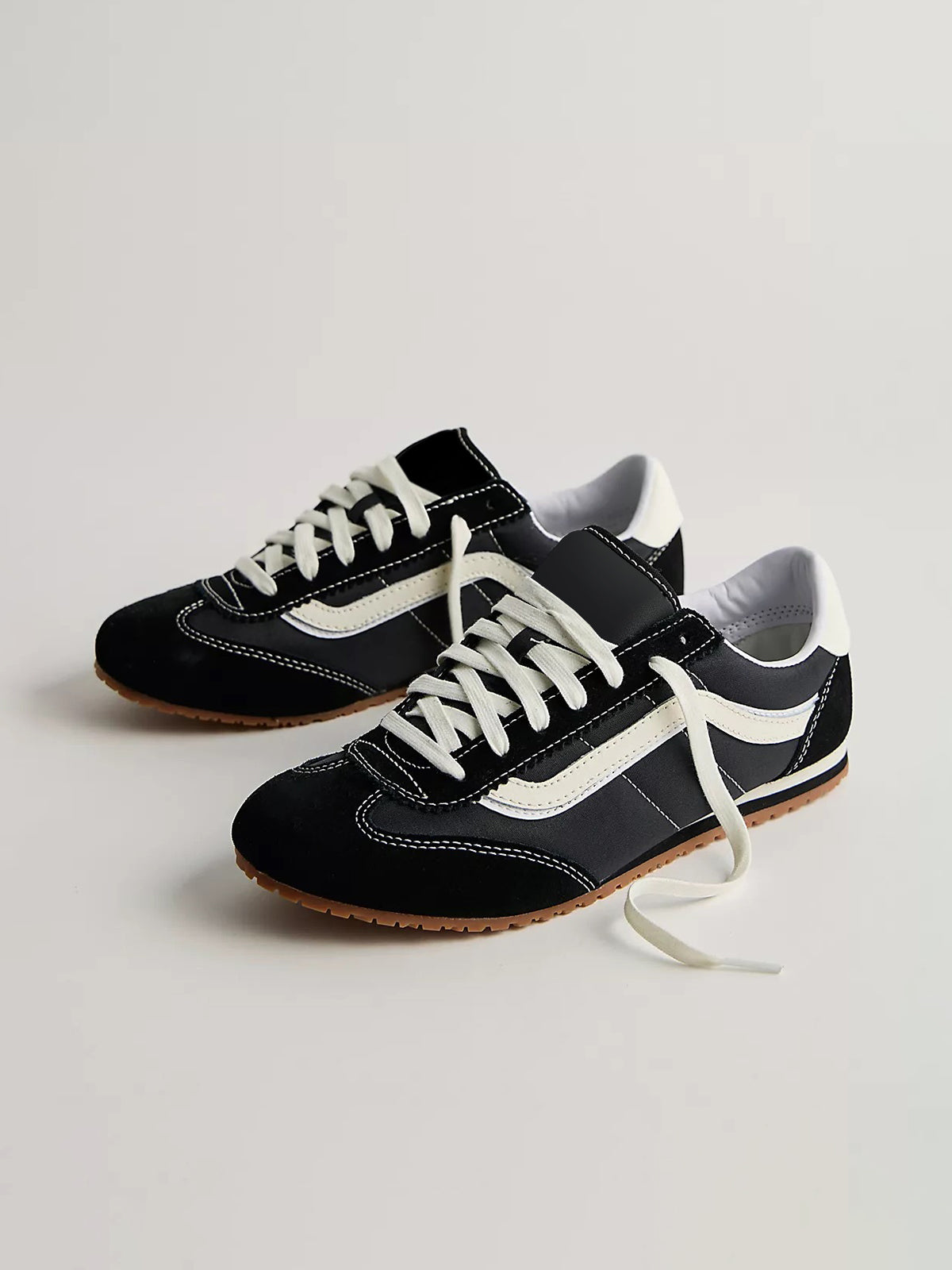 Black Faux Suede Round-Toe Lace-Up Flats Sneakers