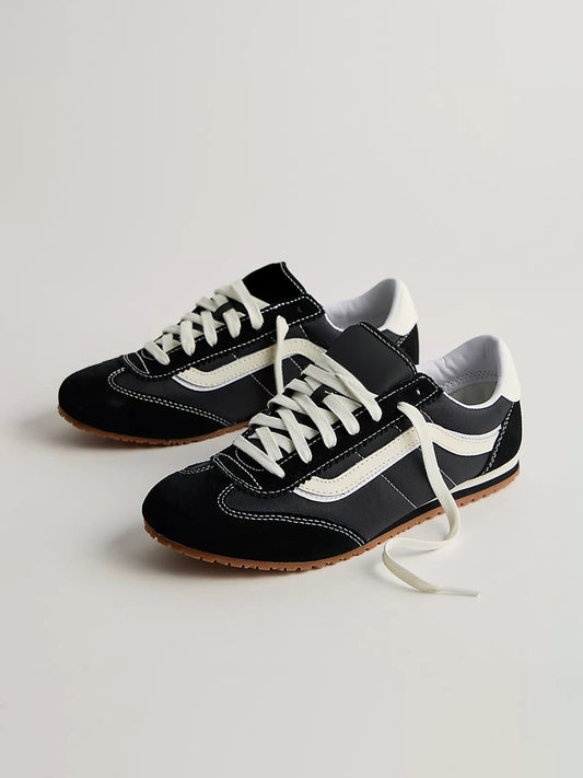 Black Faux Suede Round-Toe Lace-Up Flats Sneakers