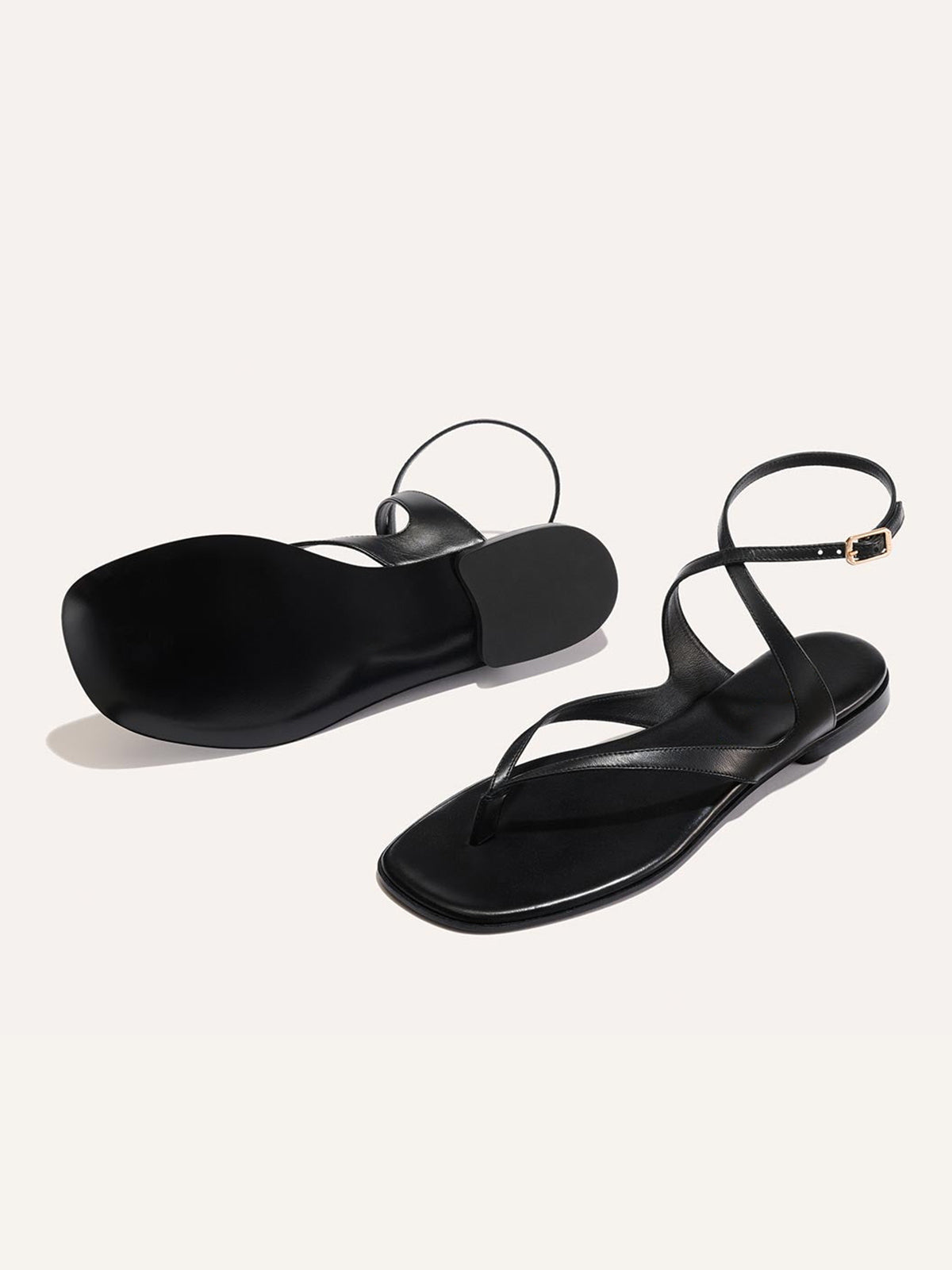 Black Square-Toe Strappy And Ankle Strap Chic Sandals Flats