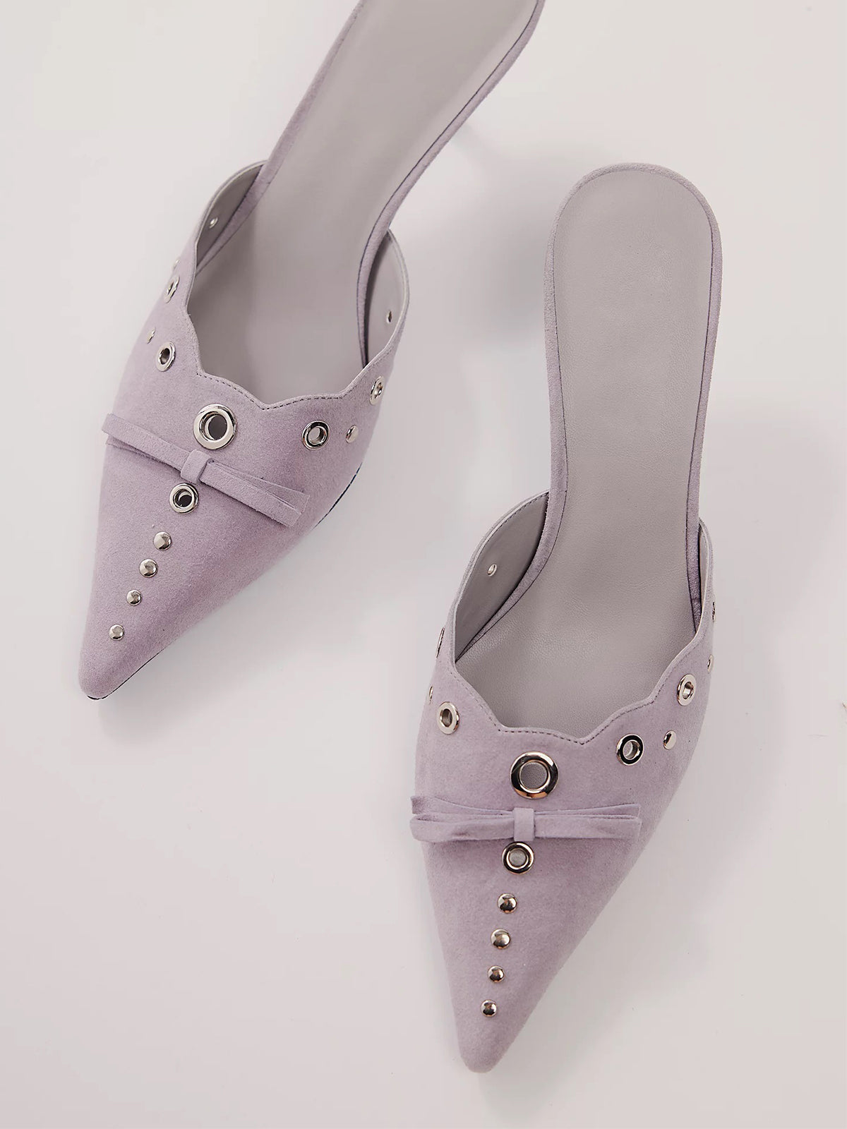 Light Gray Faux Suede Pointed-Toe Front Knot And Studs And Eyelets Kitten Heels