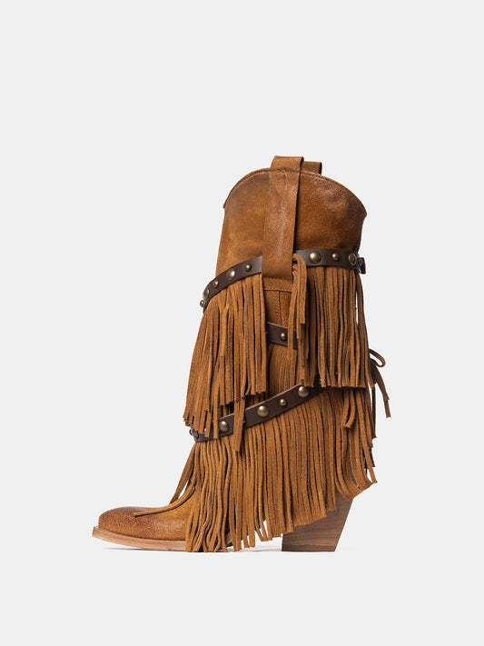 Tan Faux Suede Snip-Toe Studded Straps Fringe Mid Calf Cowgirl Boots