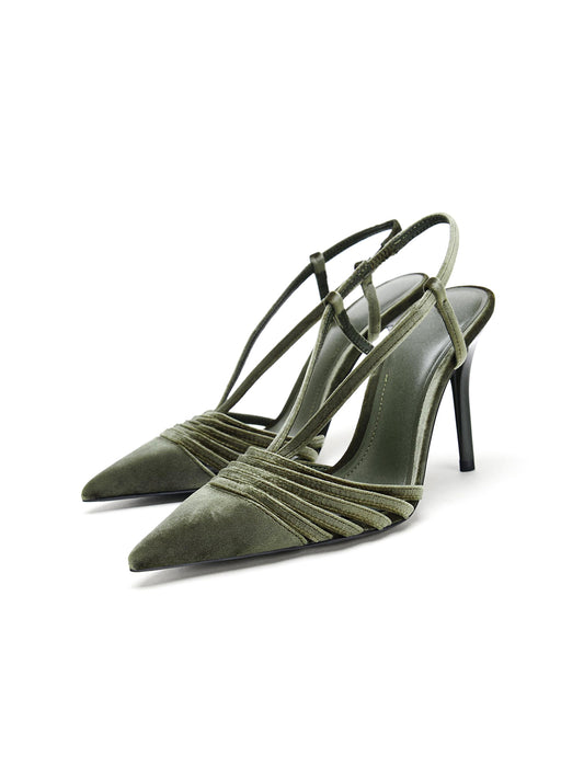 Green Velvet Pointed-Toe Front Strappy Slingback High Heels
