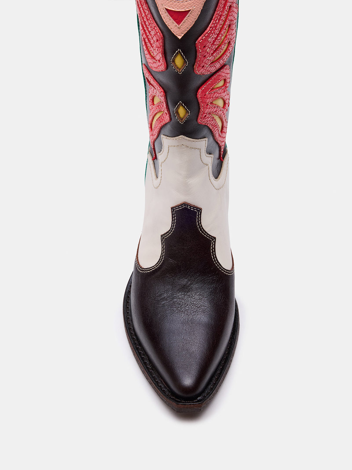 Contrast Tri-Color Crocodile Print Pointed-Toe Butterfly Inlay Mid Calf Cowgirl Boots