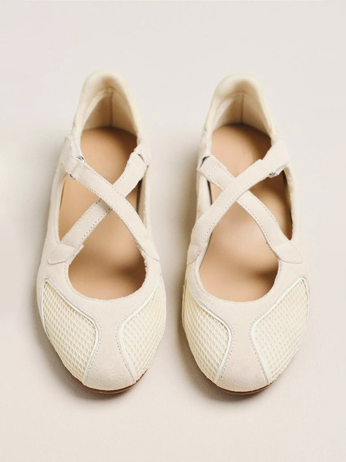 Beige Mesh And Cow Suede Round-Toe Middle Crossed Straps Sneakers