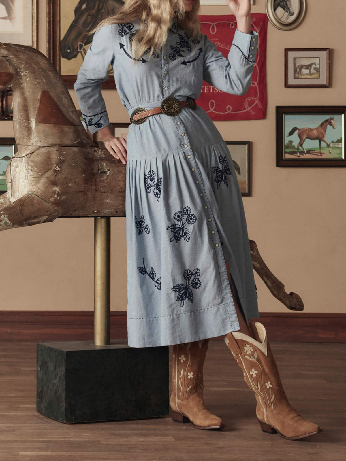 Tan Faux Suede Snip-Toe Floral Inlays And Stitch Mid Calf Cowgirl Boots