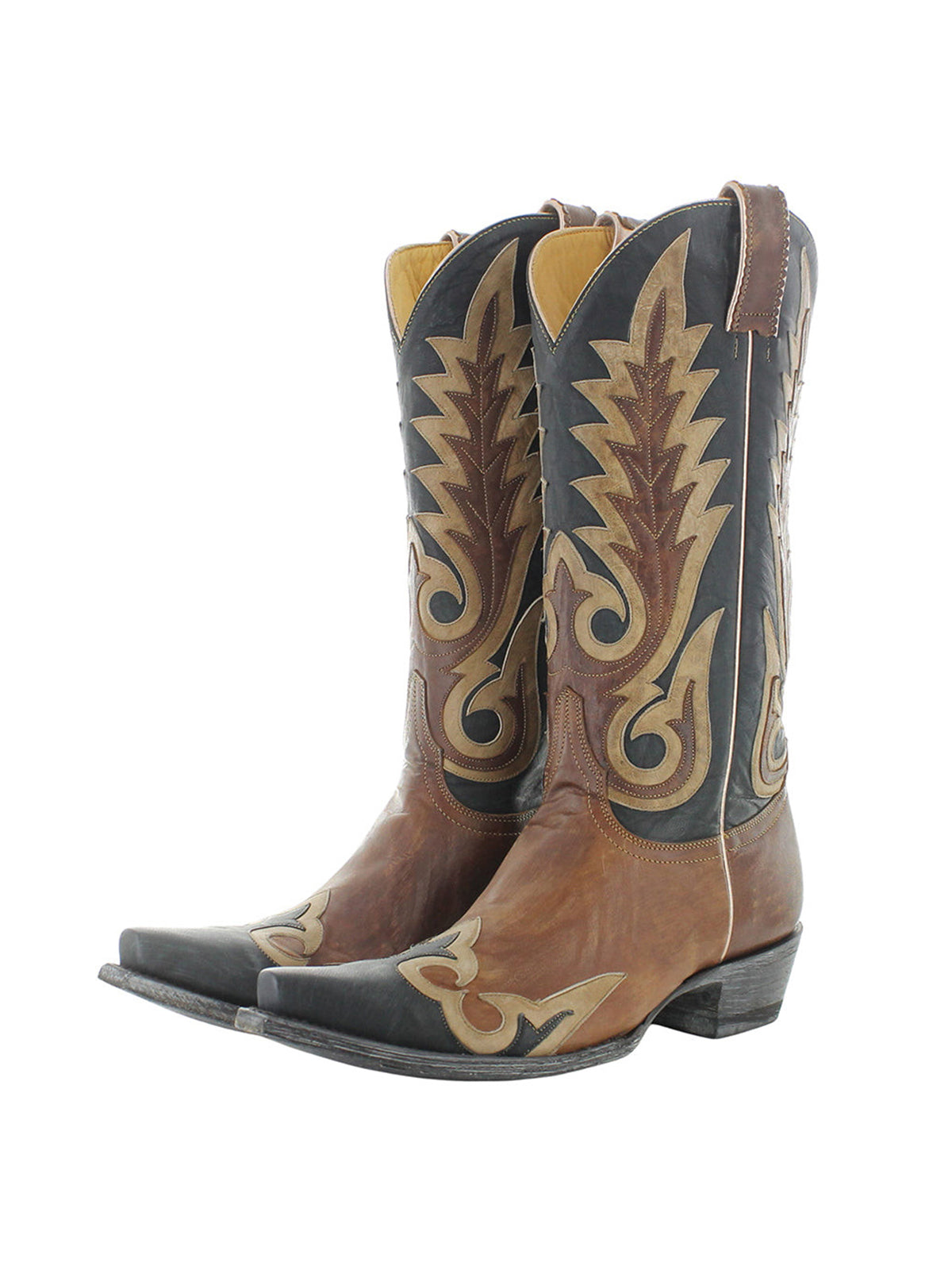 Contrast Double Color Snip-Toe Stitch And Applique Mid Calf Cowgirl Boots