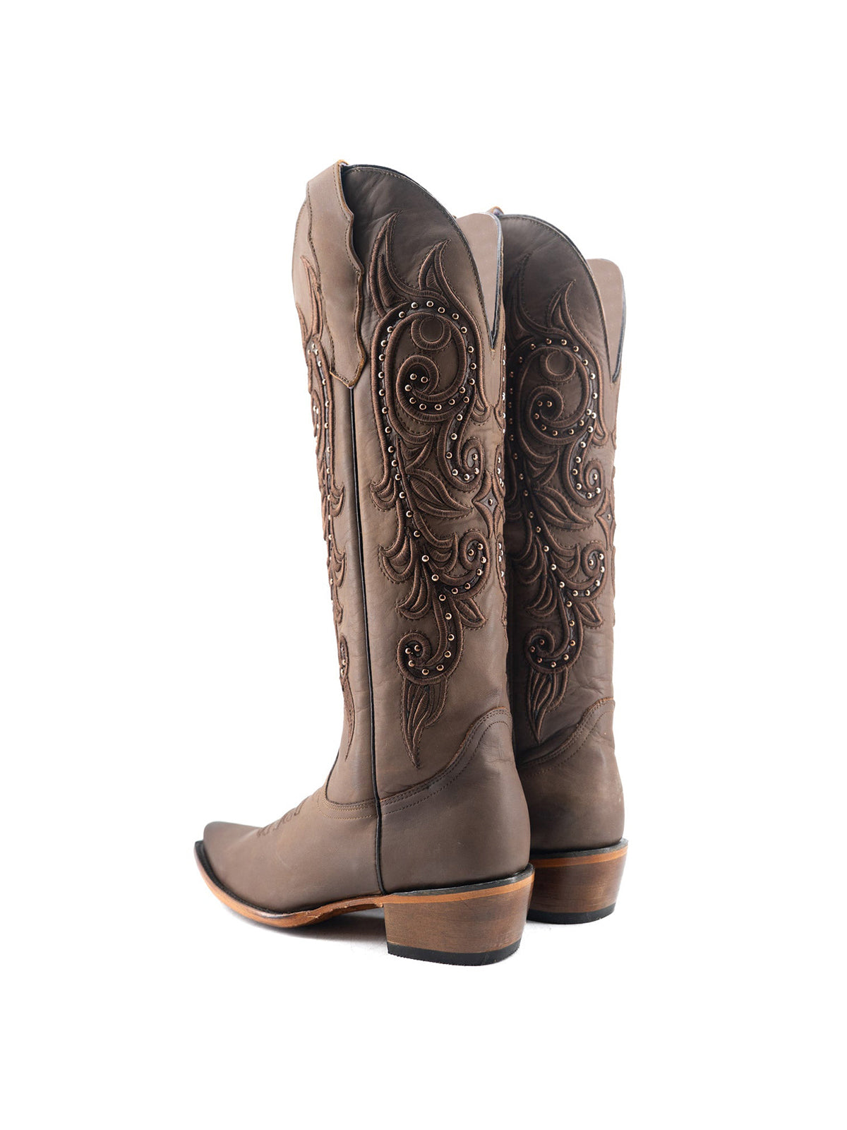 Snip-Toe Embroidery And Studs Half-Zip Knee High Cowgirl Boots For Woman - Chocolate