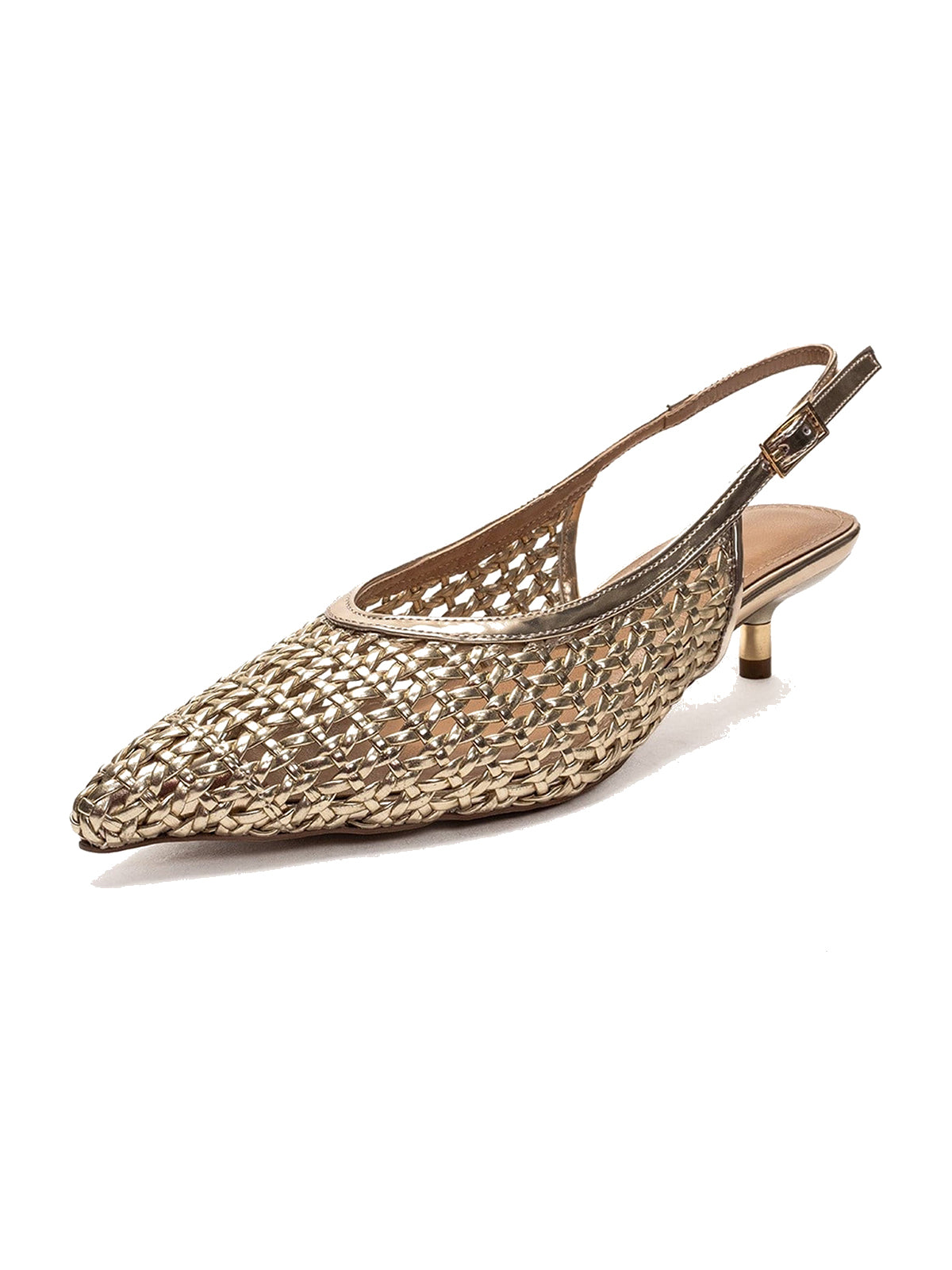 Metallic Gold Woven Vegan Leather Pointed-Toe Classic Back Strap Pumps Kitten Heels