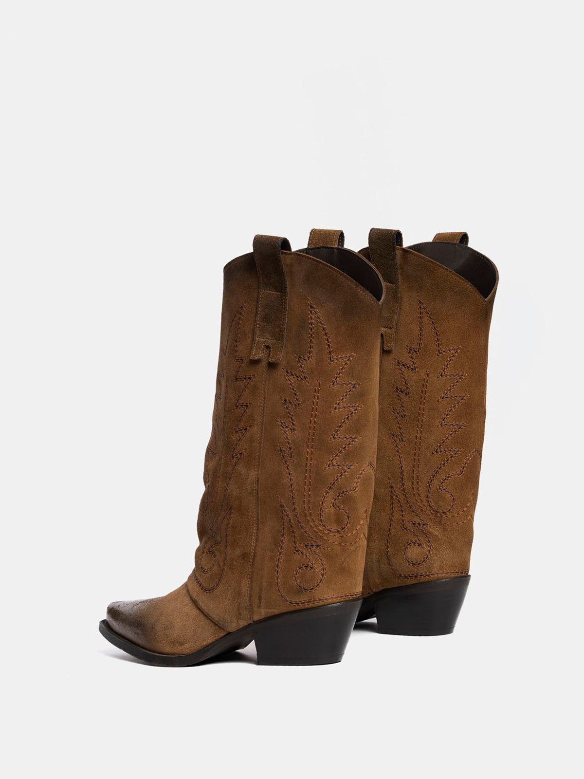 Taupe Snip-Toe Faux Suede Embroidery Classic Mid Calf Cowgirl Boots