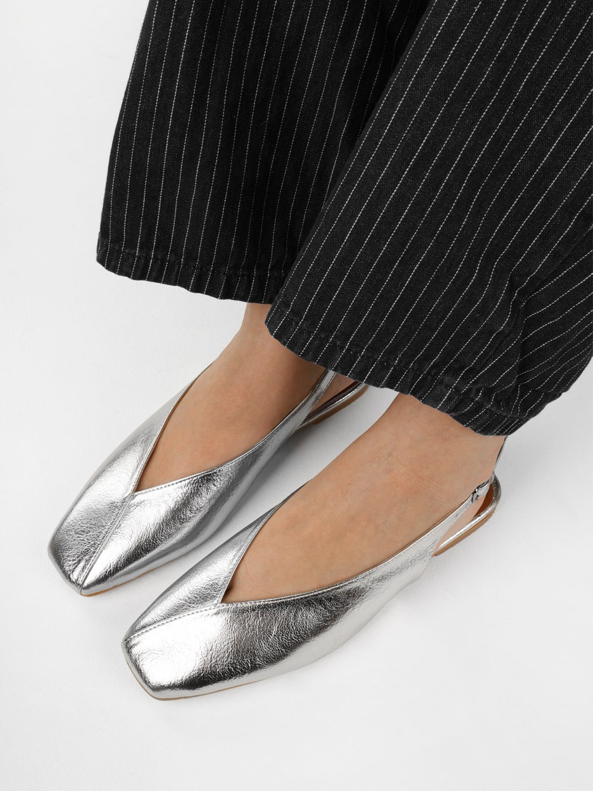 Metallic Silver Square-Toe Classic Buckle Back Strap Slip-On Flats