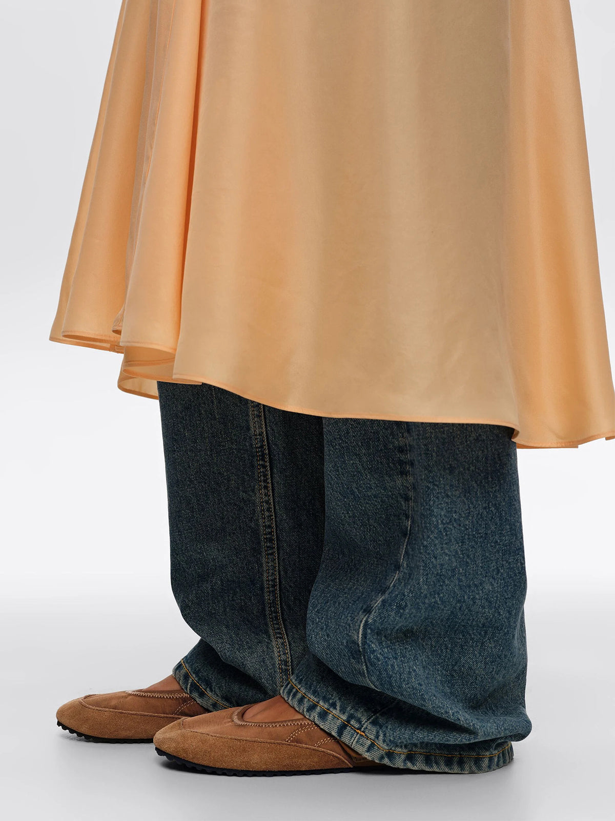 Tan Cow Suede And Satin Round-Toe Chic Mary Jane Strap Flats