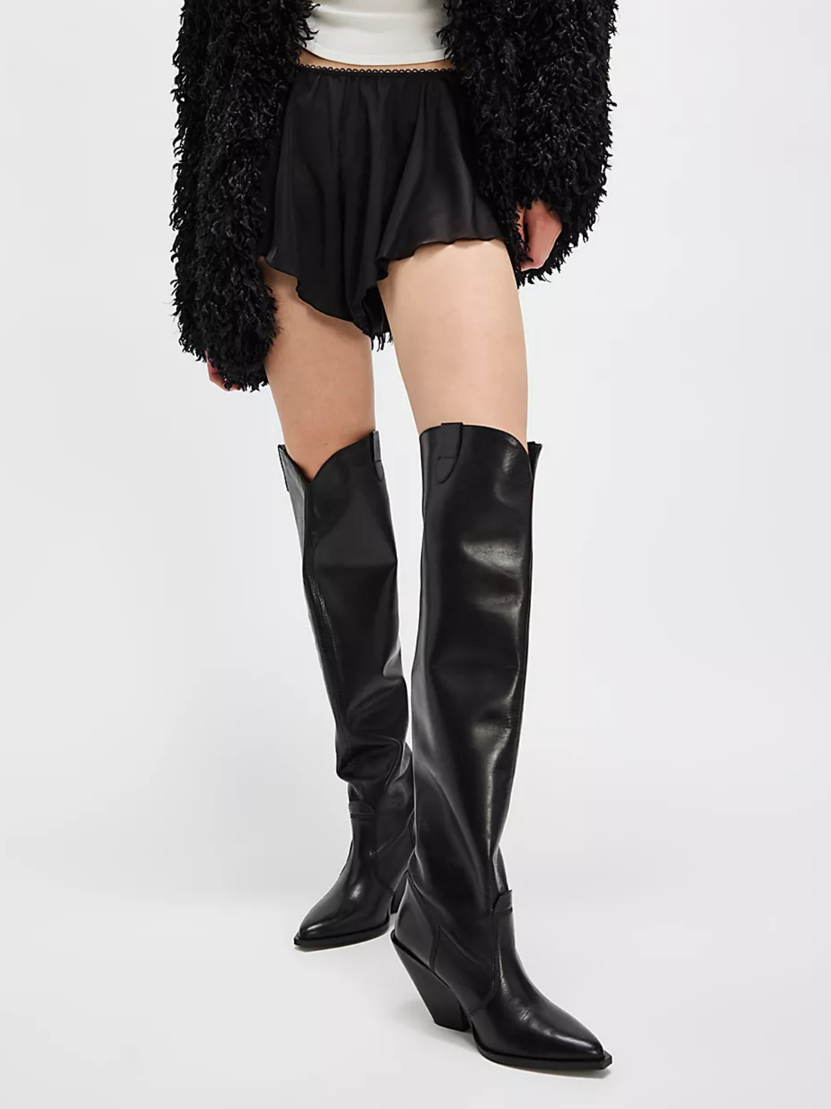 Black Pointed-Toe Slouchy Wide Calf Tall Knee High Western Boots