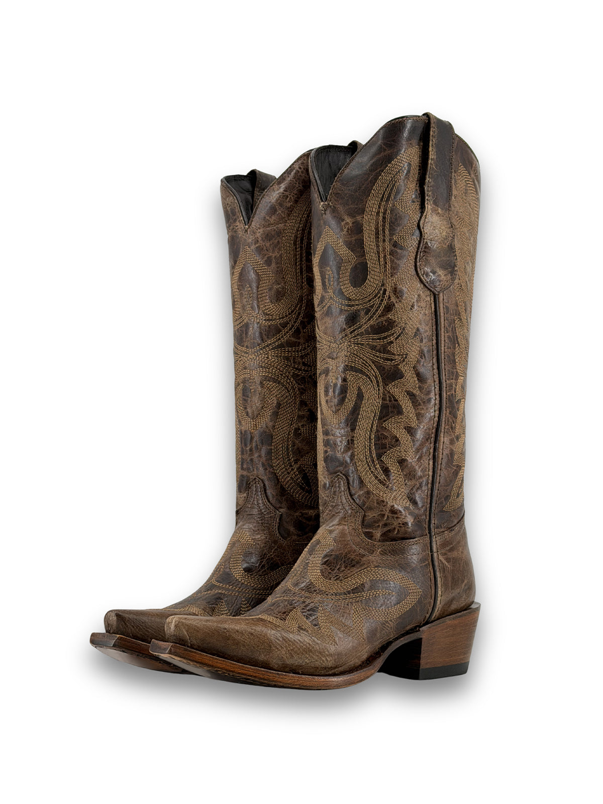 Snip-Toe Sleek Embroidery Mid Calf Cowgirl Boots For Woman - Distressed Brown