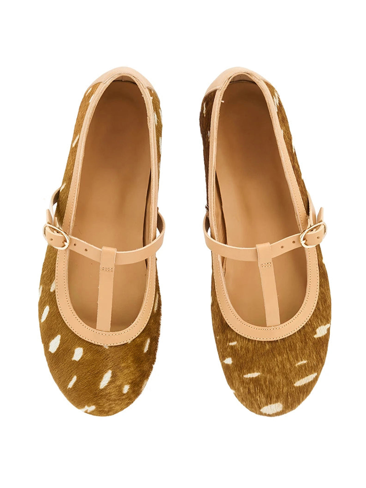 Cow Print Round-Toe T-Strap Chic Ballet Flats
