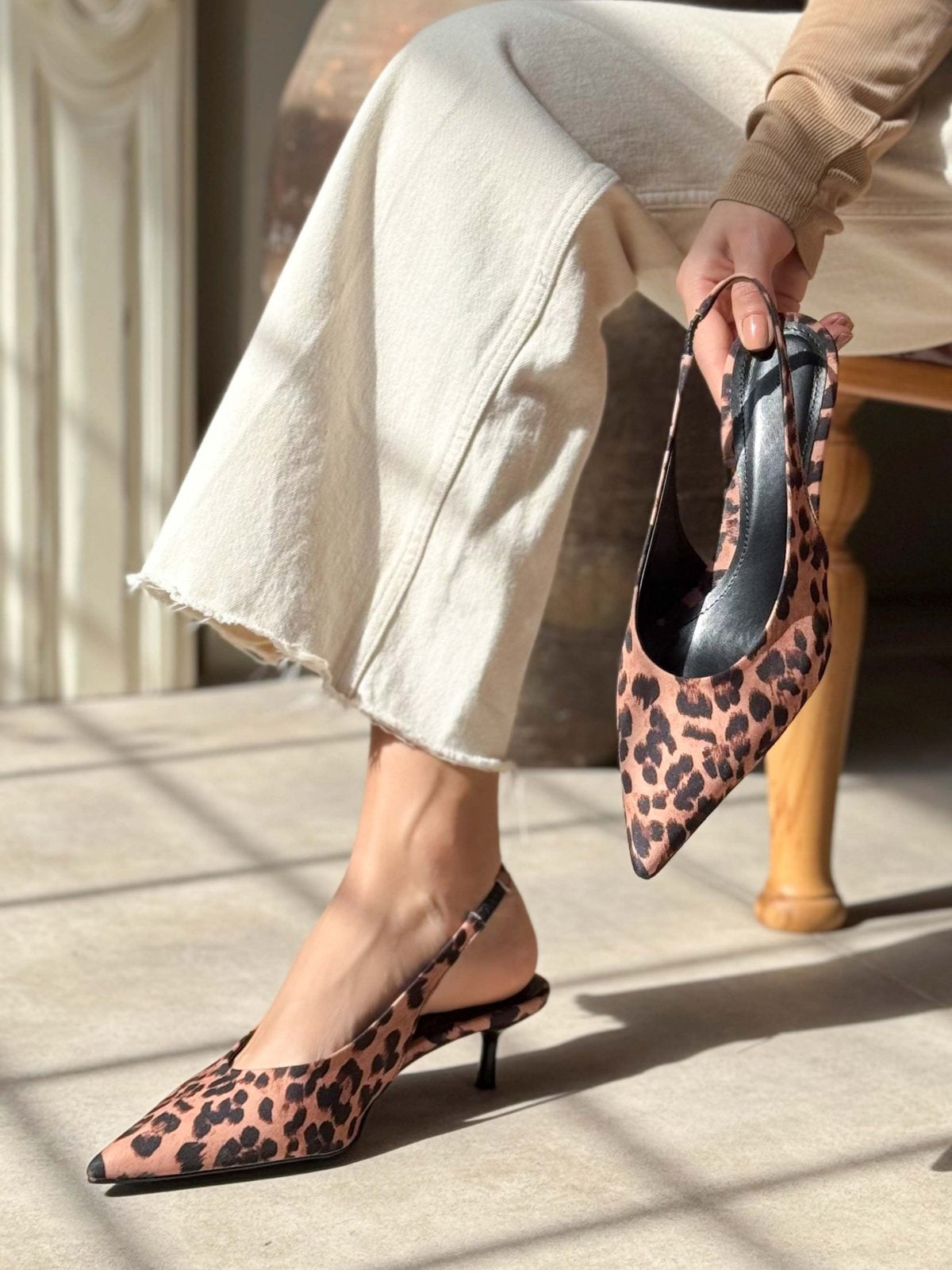 Slingback Pointed-Toe Kitten Heels - Leopard Satin