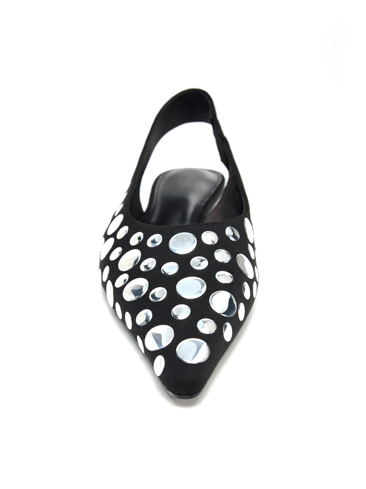 Black Faux Suede Pointed-Toe Full Big Studs And Slingback Flats