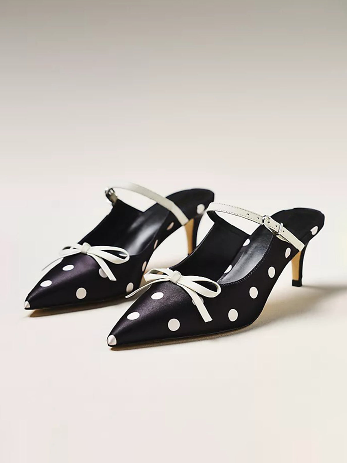 Black Polka Dot Satin Pointed-Toe Bridge Strap Kitten Heels With Bow