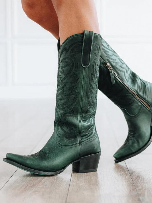 Western Snip-Toe Embroidery Classic Knee High Half-Zip Cowgirl Boots - Green