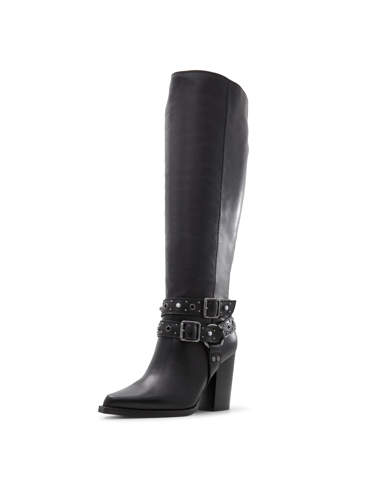 Black Pointed-Toe Double Straps Half-Zip Knee High Cowgirl Boots