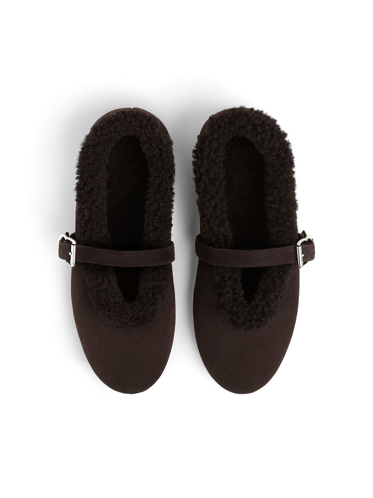 Dark Brown Faux Suede Round-Toe Mary Jane Ballet Flats With Plush