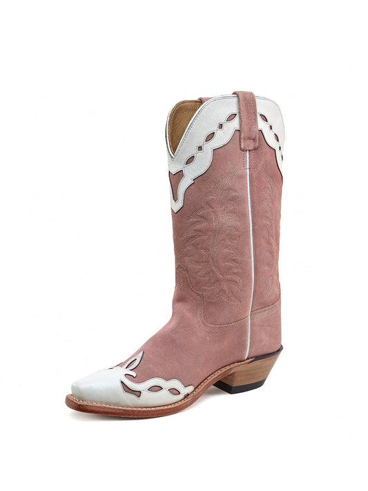 Pink Snip-Toe Faux Suede Classic Embroidery Mid Calf Cowgirl Boots