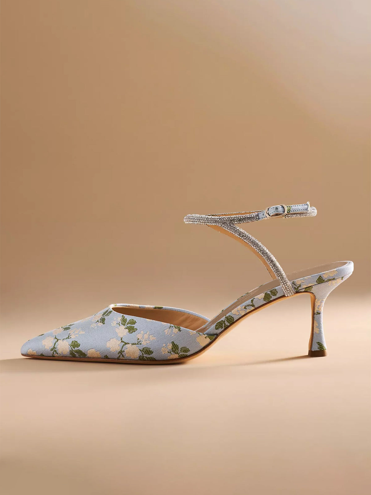 Blue Satin Pointed-Toe Floral Embroidery Ankle Strap High Heels