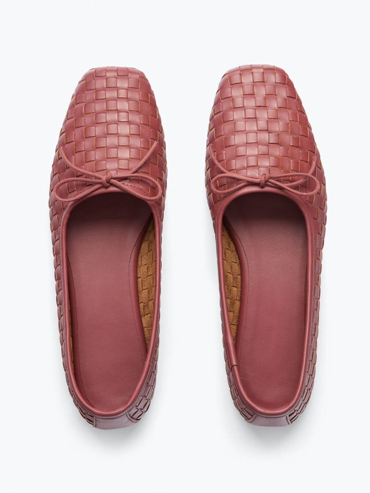 Brick Red Woven Vegan Leather Square-Toe Front Bow Slip-On Ballet Flats