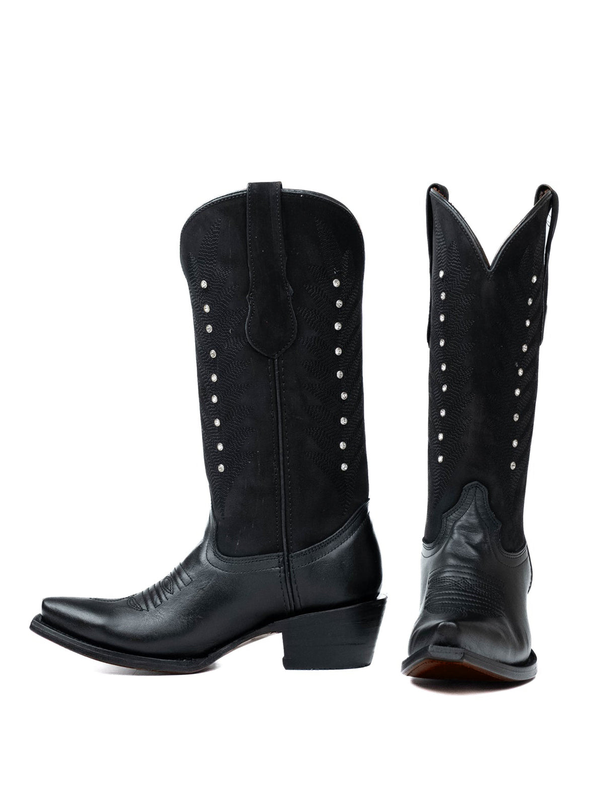 Black Western Snip-Toe Embroidery And Studs Mid Calf Chic Cowgirl Boots