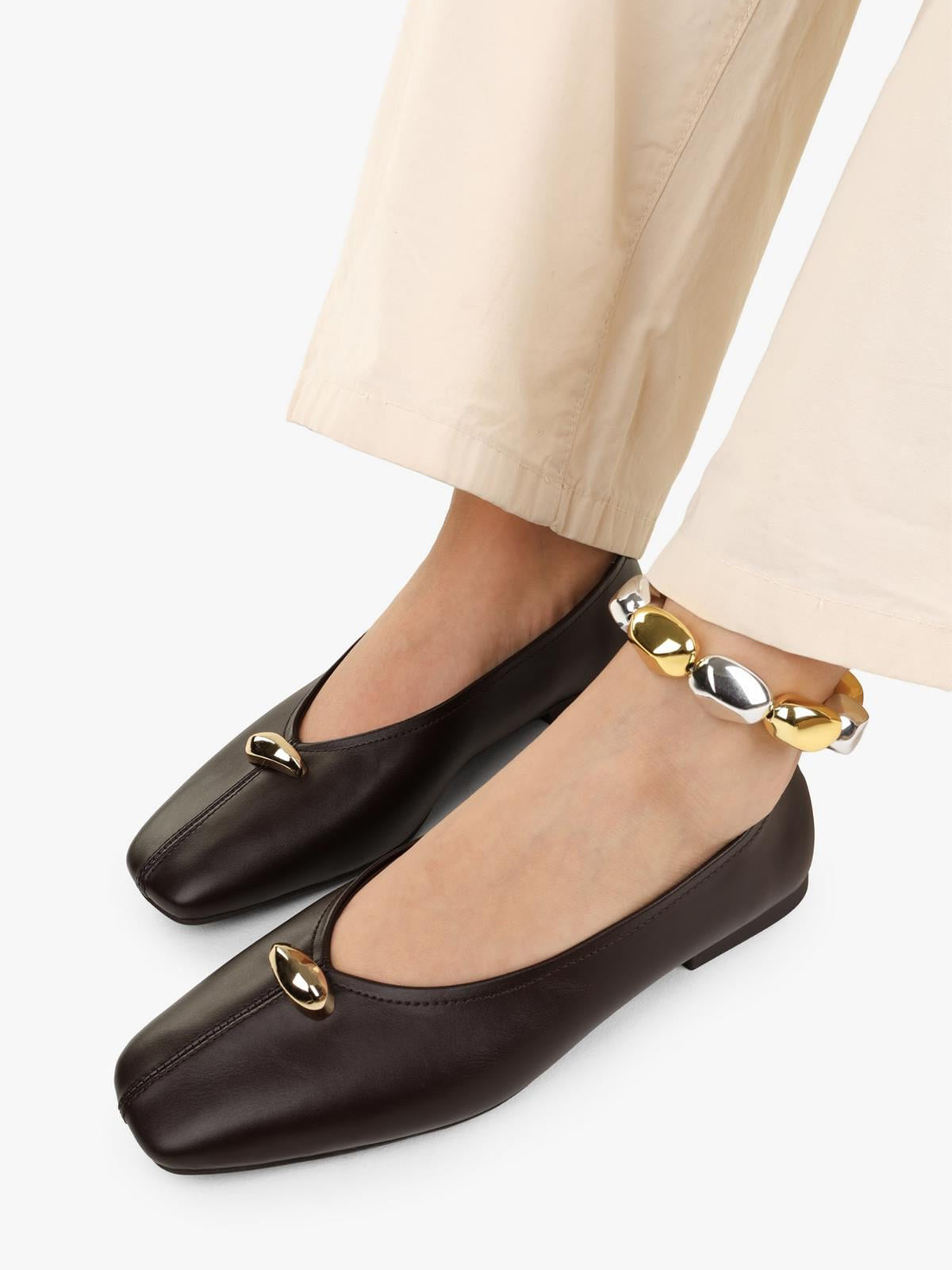 Coffee Square-Toe Front Gold Metal Detail Slip-On Flats