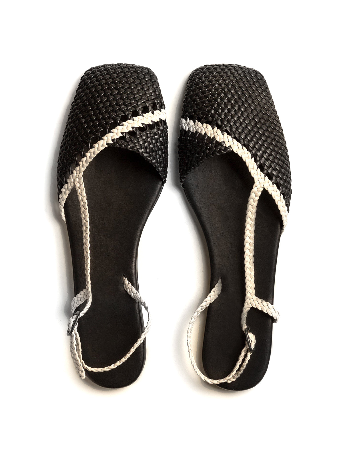 Black And Ivory Woven Vegan Leather Square-Toe Back Strap Sandals Flats