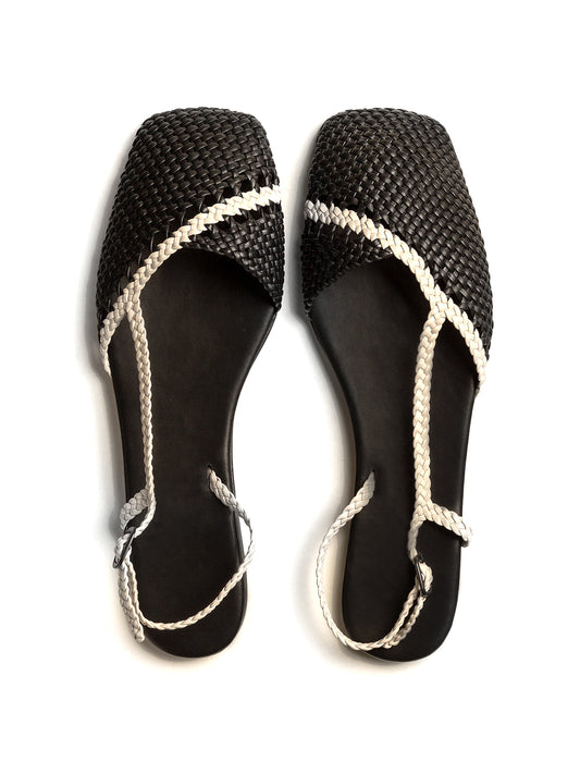 Black And Ivory Woven Vegan Leather Square-Toe Back Strap Sandals Flats