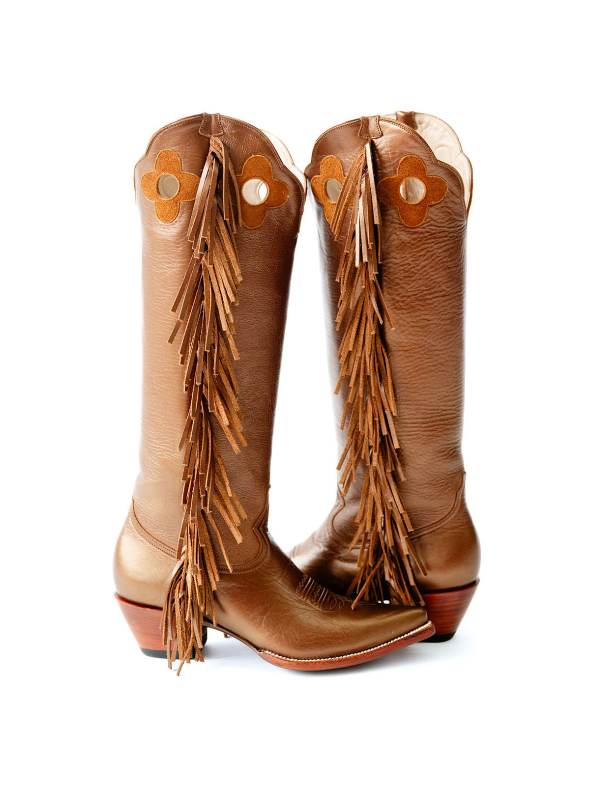 Bronze Pointed-Toe Side Fringes And Cutout Wide Calf Knee High Cowgirl Boots
