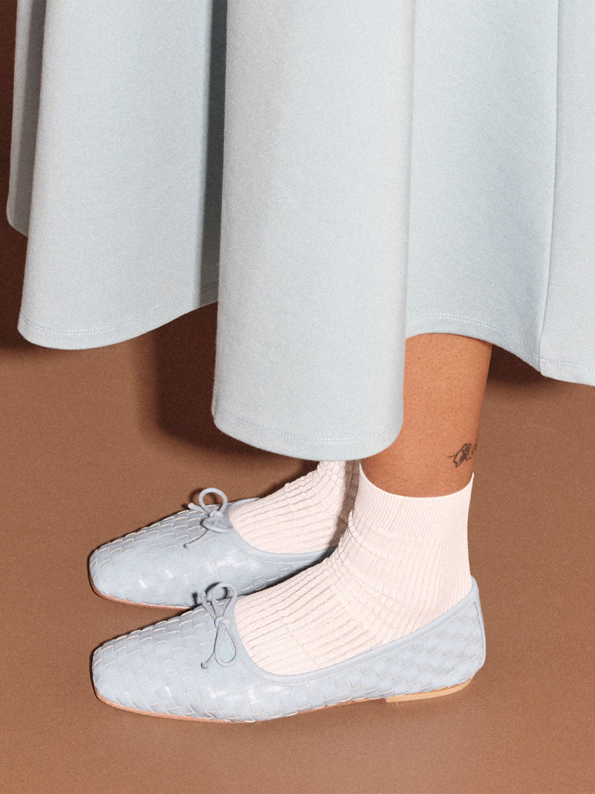 Vegan Leather Woven Square-Toe Bow Ballet Flats - Sky Blue