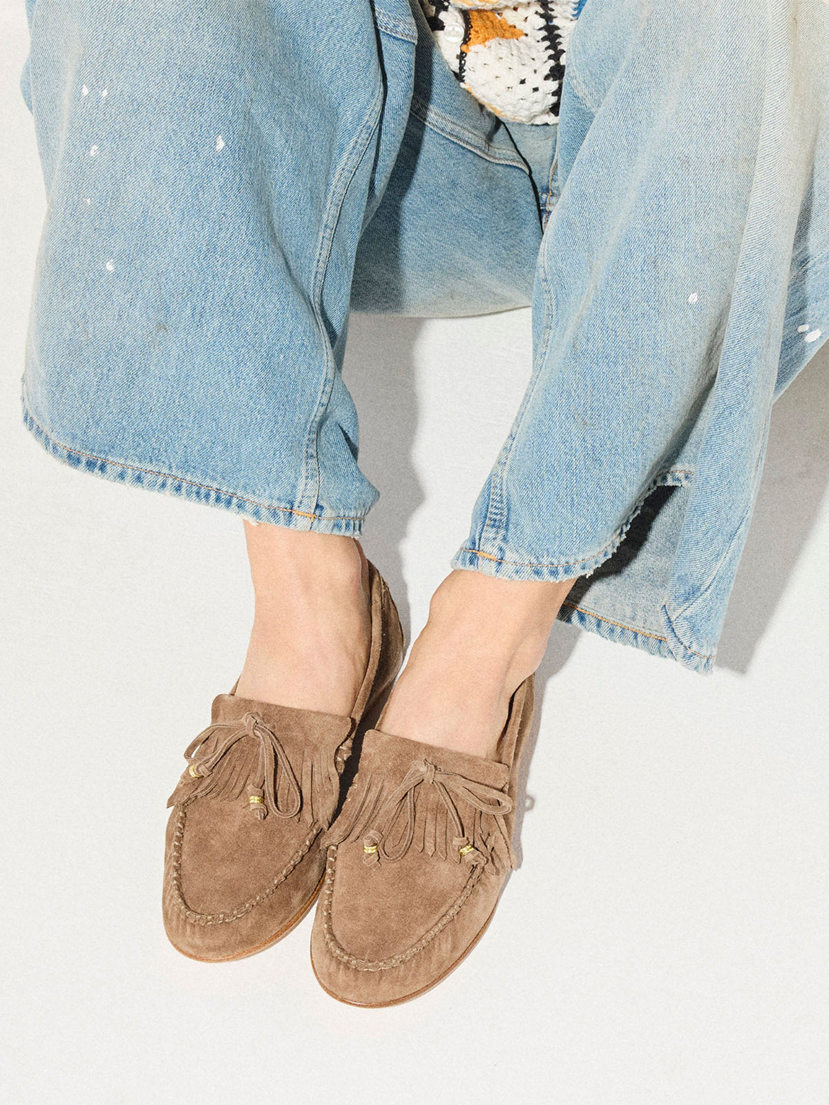 Brown Cow Suede Round-Toe Front Fringe And Bow Loafers Flats