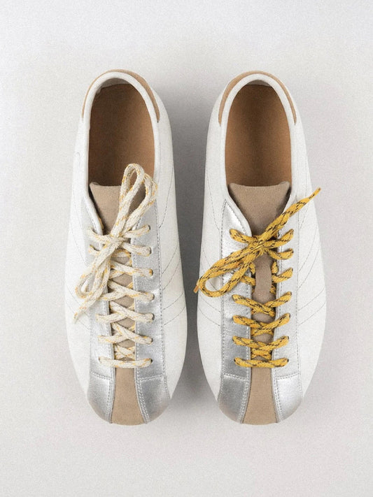 Square-Toe Classic Lace-Up Chic Flats Sneakers - White And Silver