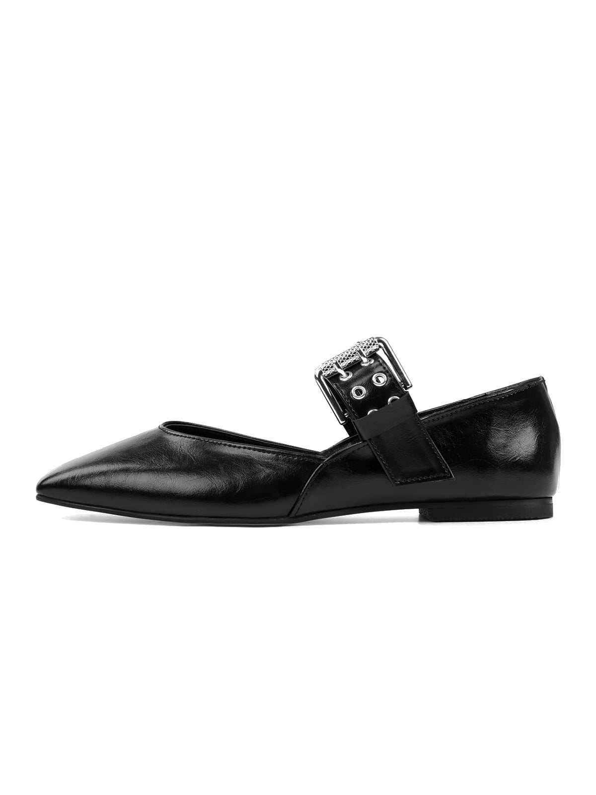 Black Square-Toe Buckle Bridge Strap With Eyelets Ballet Flats