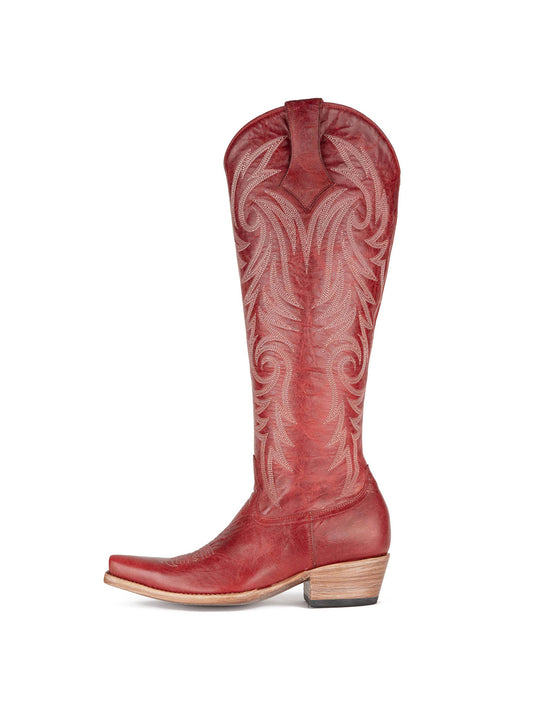 Red Snip-Toe Classic Embroidery Western Half-Zip Knee High Cowgirl Boots