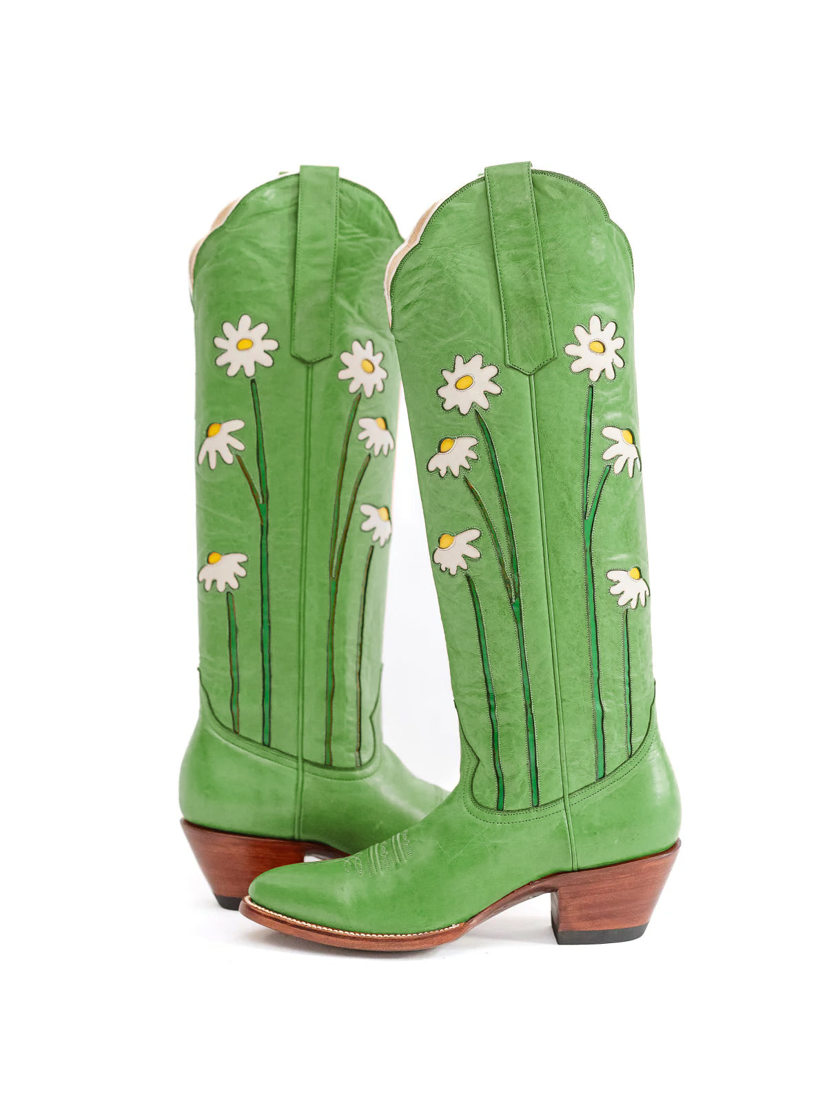 Green Almond-Toe Wide Calf Western Boots Knee High Tall Boots With Floral Inlay