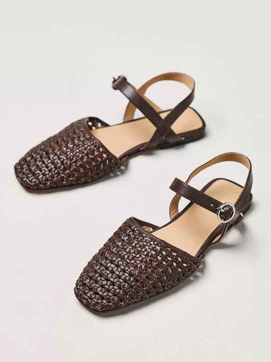 Brown Vegan Leather Woven Square-Toe Ankle Strap Flats