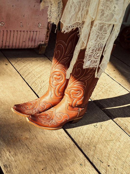 Dark Tan Snip-Toe Chic Western Embroidery Knee High Cowgirl Boots