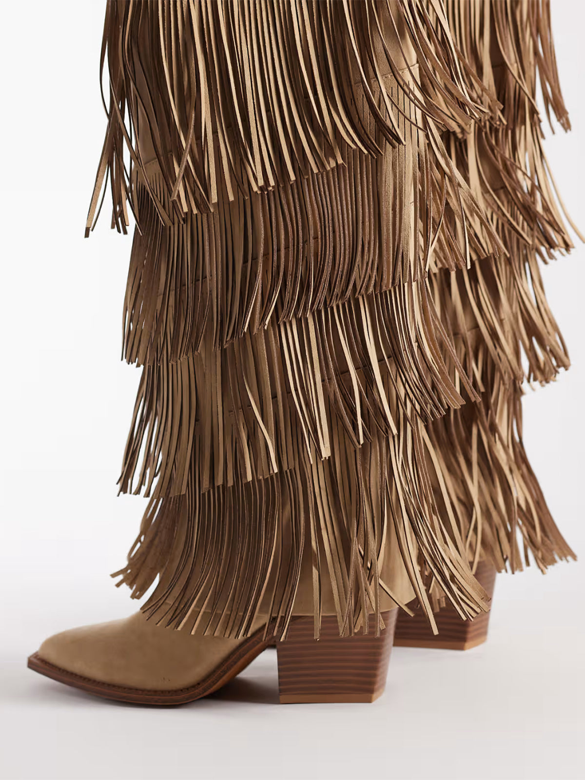 Sand Pointed-Toe Fringe And Studs Full-Zip Knee High Tall Cowgirl Boots