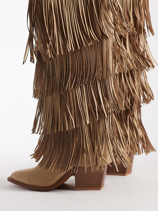 Sand Pointed-Toe Fringe And Studs Full-Zip Knee High Tall Cowgirl Boots