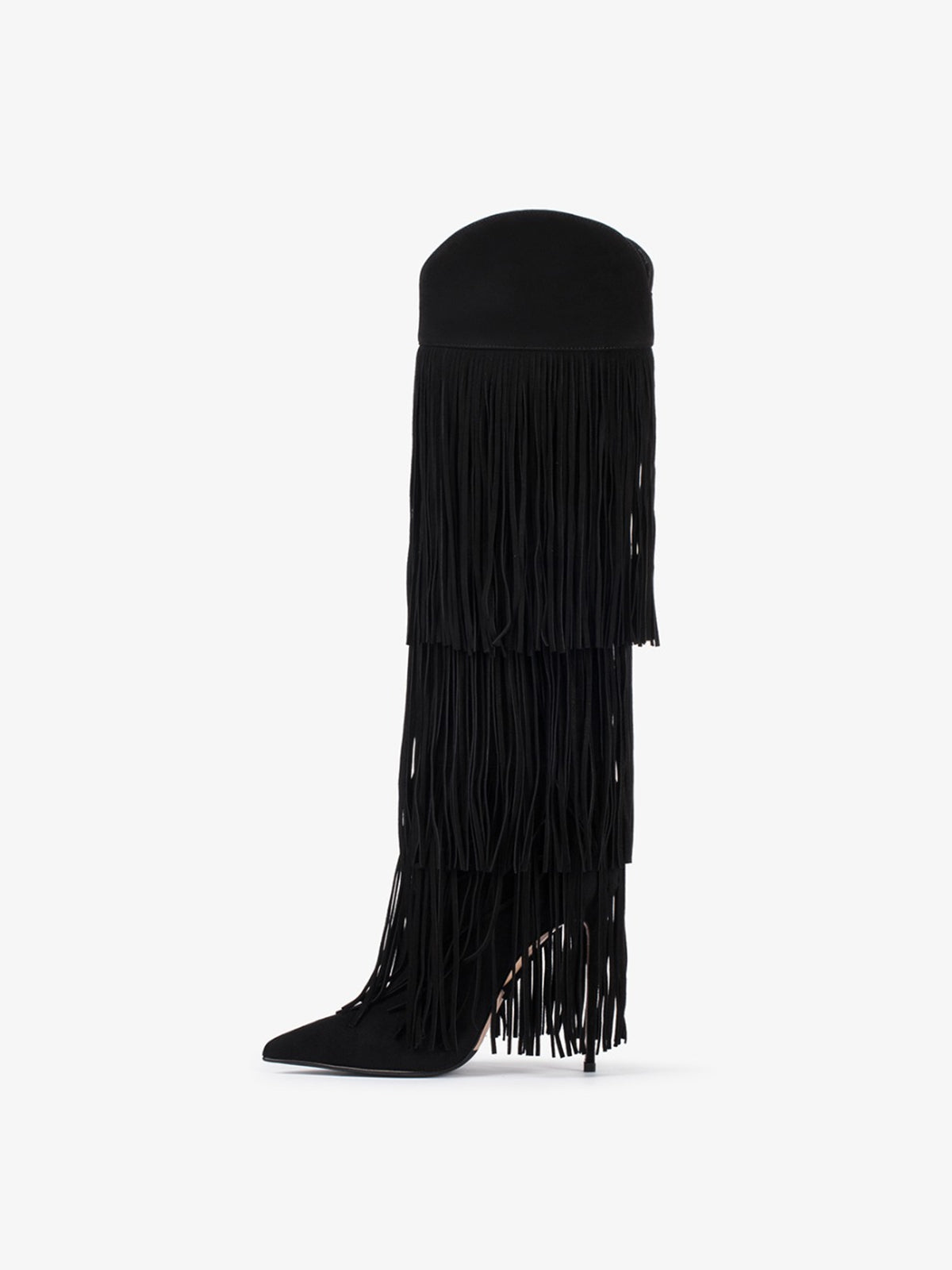 Black Faux Suede Pointed-Toe Fringe Tall Knee High Wide Calf Stiletto Boots