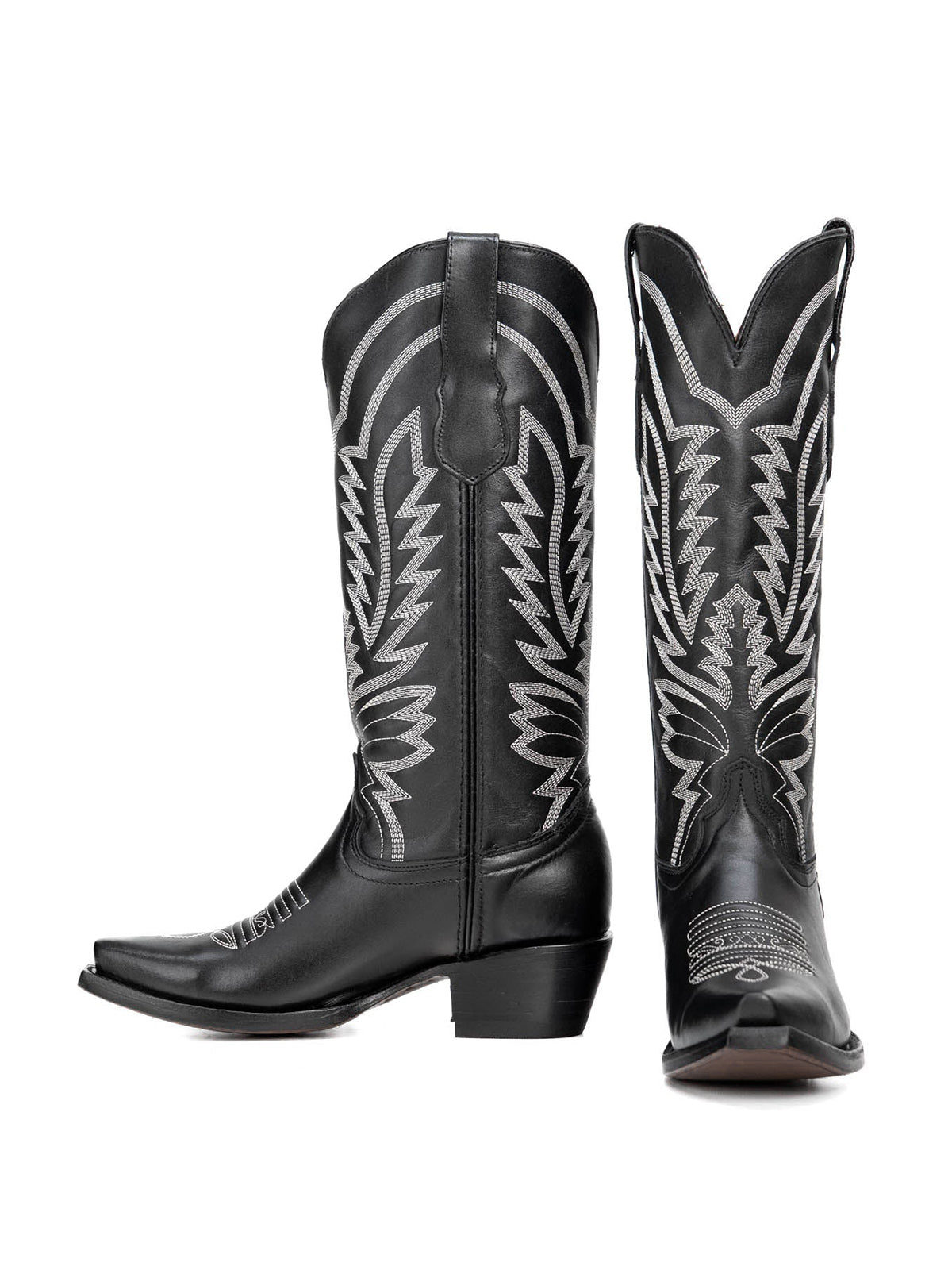 Snip-Toe Sleek Embroidery Wide Calf Knee High Cowgirl Boots For Woman - Black